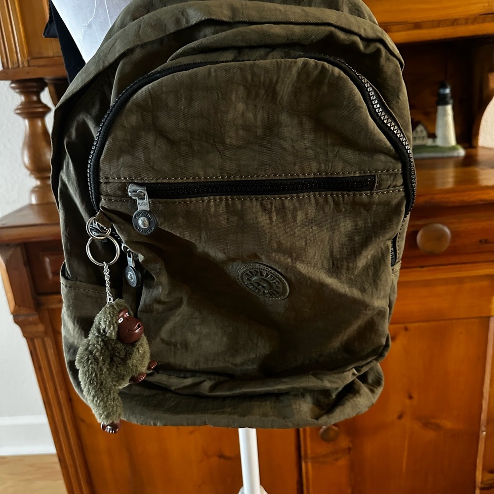 Kipling Khaki green women’s  Backpack with Monkey Keychain